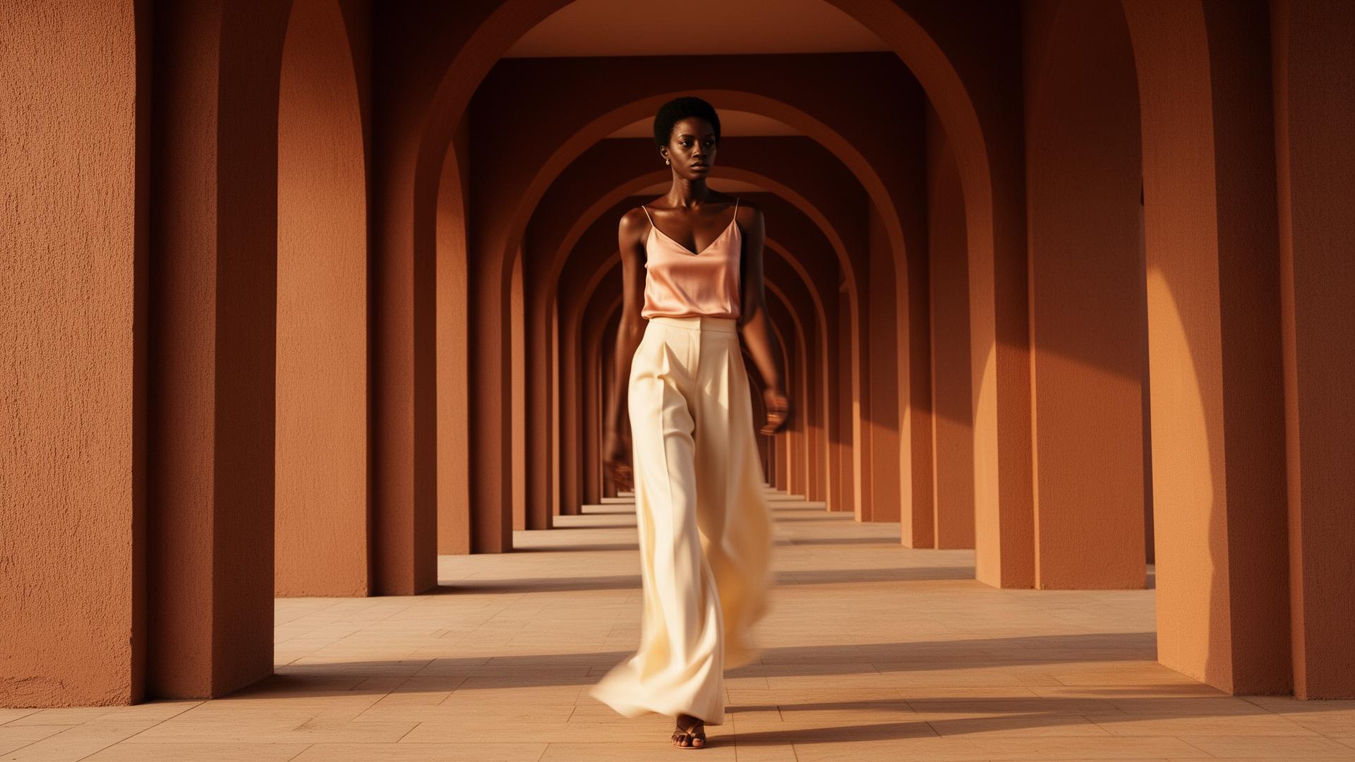 Model walking through Abuja arched colonnade