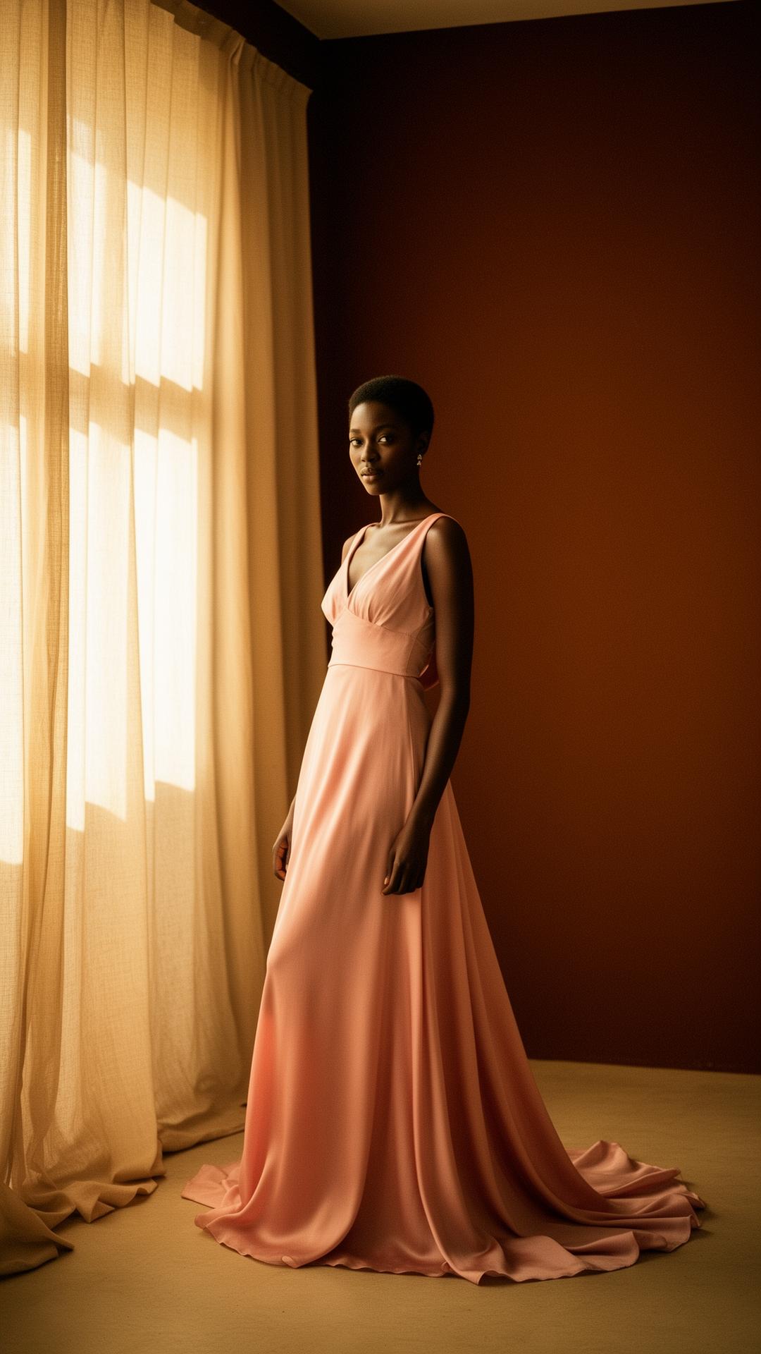 LR.SISU model in blush silk gown, Abuja atelier